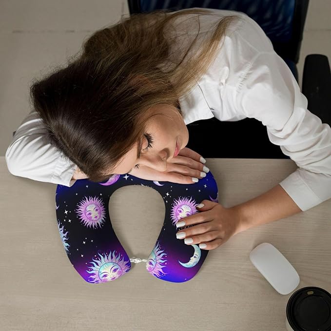 Neck Pillow Memory Foam Travel Pillows Comfortable for Airplane Flight Car Travel Office Nap and Sleeping, Funny Cushion for Head Shoulder Trippy Sun Moon Stars