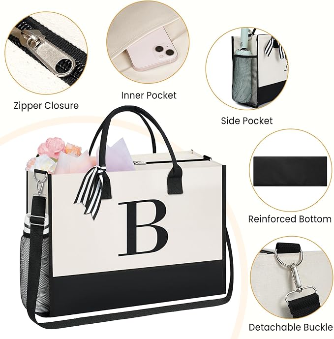 BAGAIL Initial Tote Bag, Personalized Birthday Gifts for Women, Teacher, Friends, Mom, Wedding, Monogrammed Beach Bag