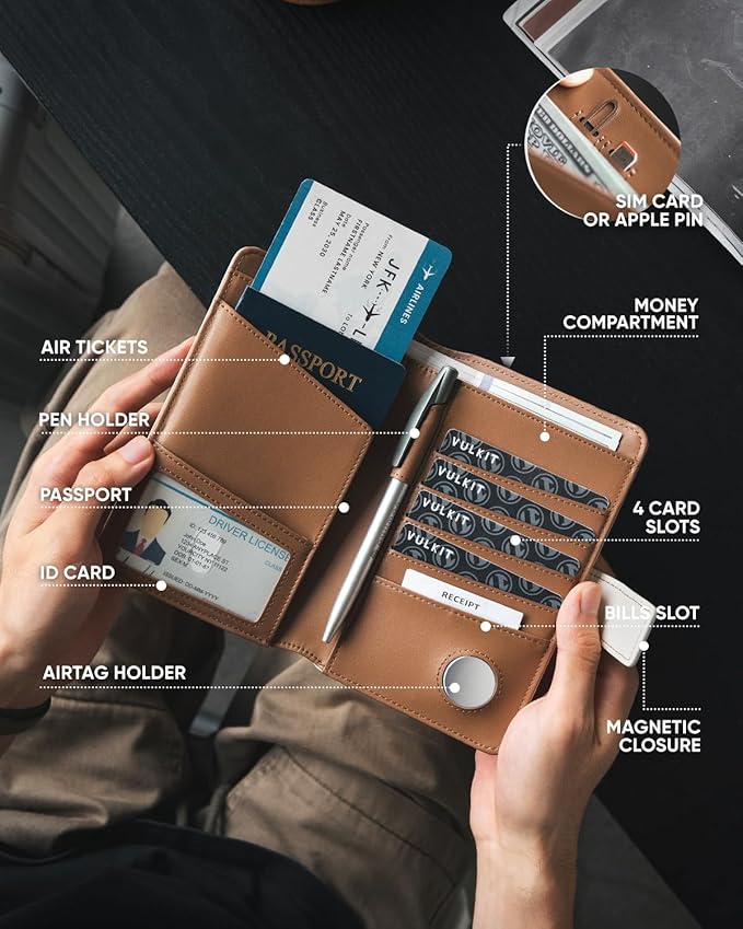 VULKIT Passport Holder with Airtag Holder RFID Blocking Passport Wallet Travel Leather Passport for Women(Beige Brown)