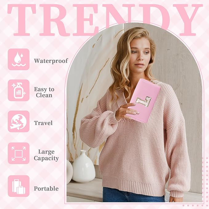 Small Personalized Initial A-Z Patch Makeup Bag,Pink Cute PU Leather Glitter Letter Cosmetic Bag for Teen Girls,Travel Toiletry Bag with Zipper,Preppy Monogrammed Birthday Gift for Daughter Niece L