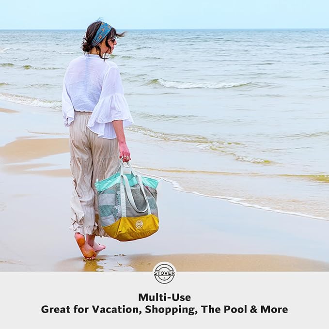 STOVER Large Mesh Beach Bag, Vacation, Pool, Shopping, & Travel Tote - Foldable w/Storage Pockets for Women, Men & Families