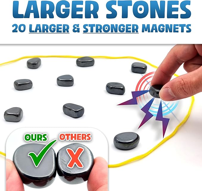 Upgraded (Multi-Level) Magnet Chess Game with String & Stones - Clear & Simple Instructions | Premium Set with 20 Larger & Stronger Stones, Adjustable Rope, 2 Dice & Travel Pouch | 3 Sets