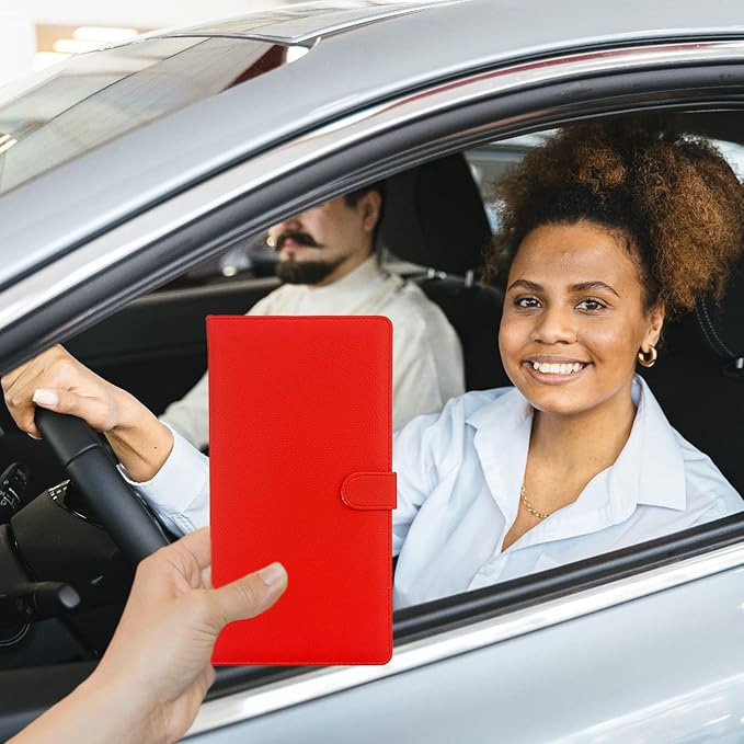 Car Registration and Insurance Holder, Leather Magnetic Shut Vehicle Glove Box Organizer for Document, Card, Driver License, Red