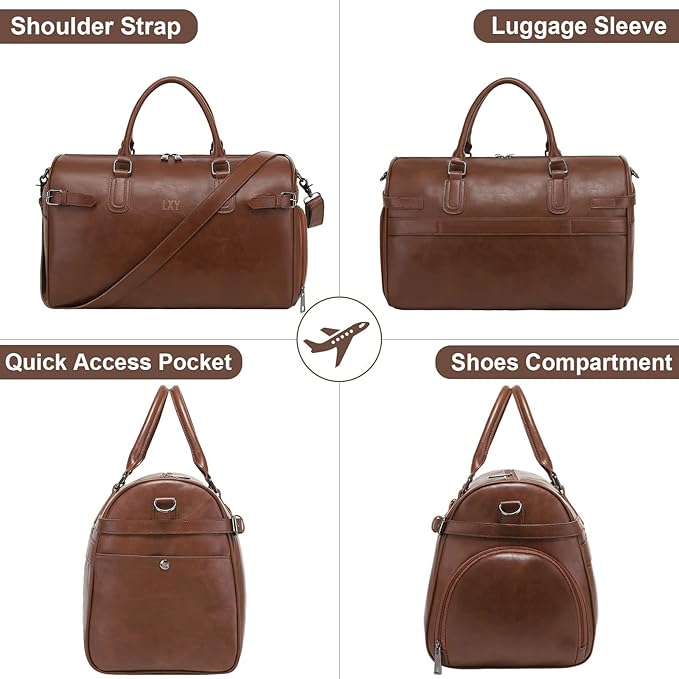 Vegan Leather Duffle Bag, LXY Travel Duffle Weekender Bag with Shoe Compartment, Duffel Overnight Gym Bags for Women Men Brown