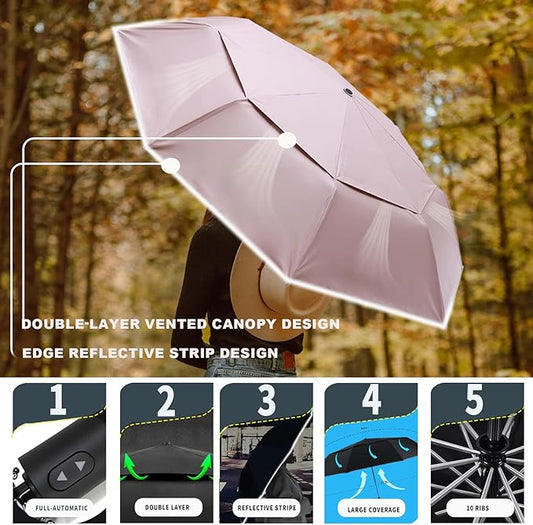 MRTLLOA 42/49 Inch Compact Windproof Travel Umbrella for Rain, Lightweight, Portable, Automatic, Strong, Waterproof Folding Umbrellas for Women, Men and Teenagers