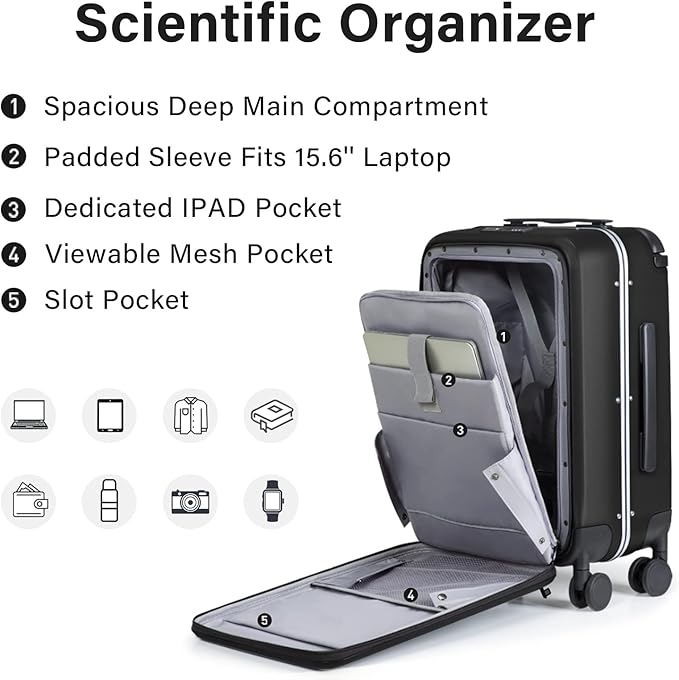 MILADA Wide Handle Carry On Luggage with Front Pocket Hardshell 20 Inch Front Opening Luggage with Spinner Wheels TSA Lock Aluminium Suitcase Airline Approved Carry-On Travel Luggage, Black