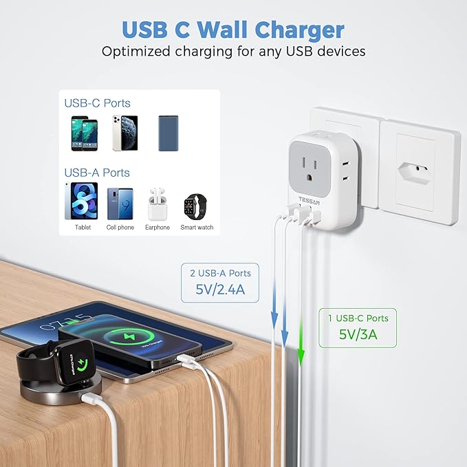 TESSAN Brazil Power Adapter, US to Brazil Travel Plug with 4 American Outlets 3 USB Charger (1 USB C Port), Type N Adaptor for USA to Brazilian Brasil