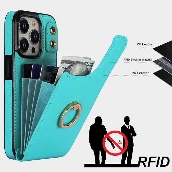 Folosu Compatible with iPhone 15 Pro Case Wallet with Card Holder, 360°Rotation Finger Ring Holder Kickstand, RFID Blocking Leather Protective Double Buttons Shockproof Cover 6.1 Inch Green