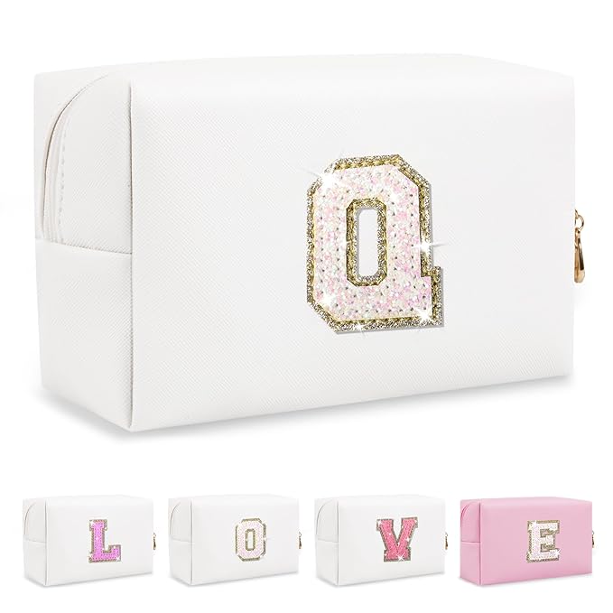 Small Initial Patch Makeup Bag Personalized Gifts Make Up Bag,White Cute PU Leather Glitter Letter Cosmetic Bag with Zipper,Trendy Portable Travel Toiletry Pouch,Preppy Stuff for Teen Girls Women Q