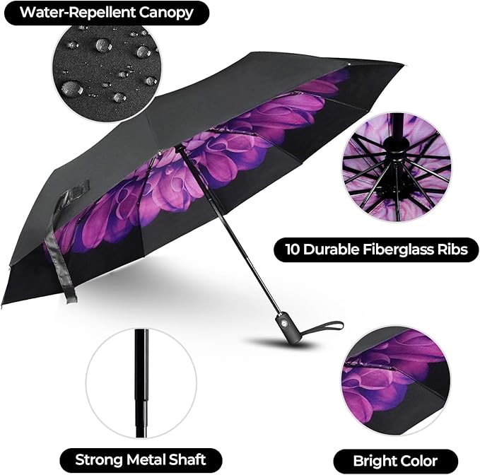 LLanxiry Compact Travel Umbrella, Automatic Open/Close Windproof Umbrella, 10 Fiberglass Ribs, 210T Pongee, UPF 50+ Sun/Rain, Lightweight Portable Umbrellas Travel Size with Carry Sleeve