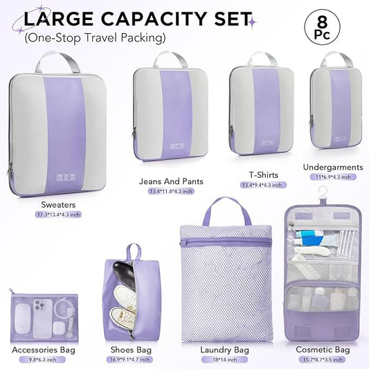 8 Set Compression Packing Cubes for Travel Essentials,Compressible Expandable Packing Cubes for Suitcase,OlarHike Luggage Organizer Bags for Travel,Handy Helper for Organizing Clothes(Purple Gray)