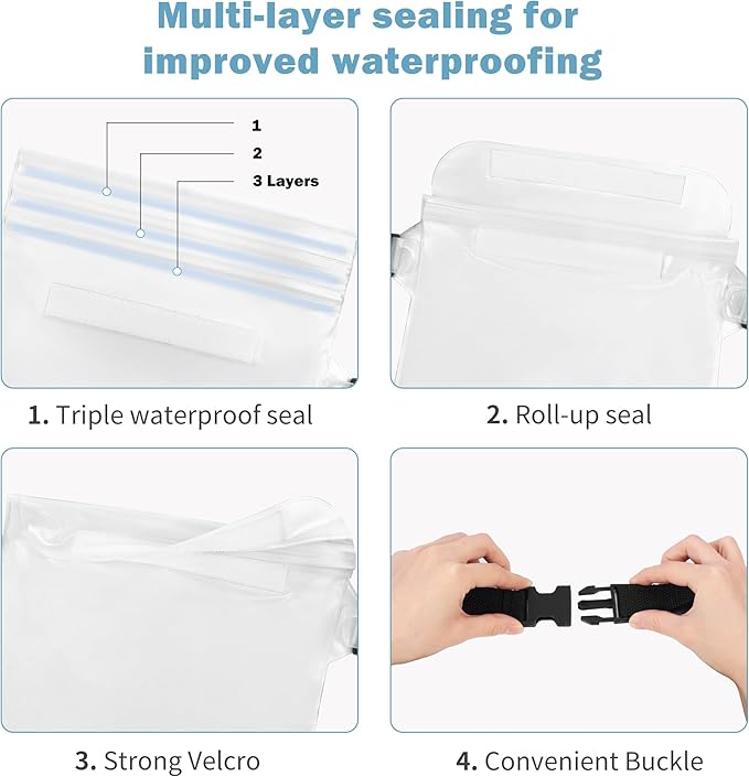 2-Pack Waterproof Pouch with Adjustable Waist Strap, Waterproof Dry Bag, Keeps Cell Phones and Valuables Safe and Dry, Perfect for Kayaking, Beach, Camping and Swimming (White)