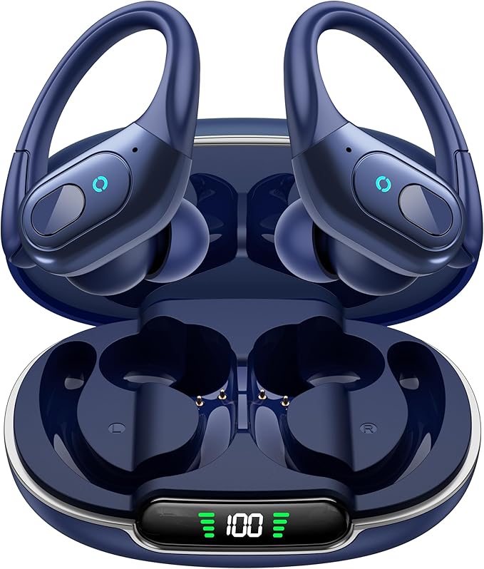 occiam Active Noise Cancelling Earbuds Wireless Bluetooth Headphones Ear Buds 90Hrs Playback Stereo Bass Earphones with Mic Over-Ear Hooks IPX7 Waterproof Headset for Work Sports Running Gym Deep Blue