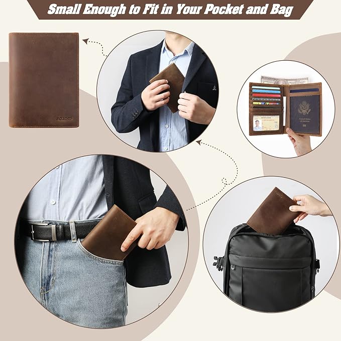 Genuine Leather Passport Holder, RFID Blocking Travel Wallet for Men & Women (Brown)