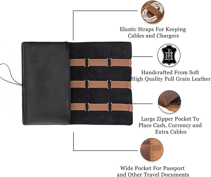 HARDISTON Custom Genuine Leather Electronic Cable Organizer Bag Handmade Travel Cord Organizer Roll Case for Hard Drives, Cables, Charger, Phone, USB, SD Card (Large - Black)