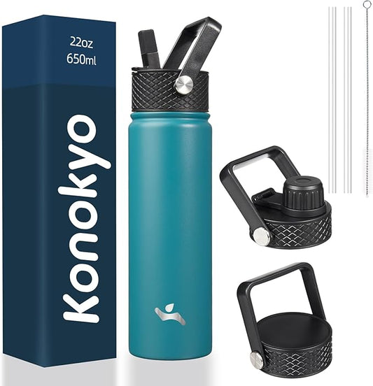 22oz Stainless Steel Bottles with 3 Lids Sport Insulated Water Bottle,Light Blue