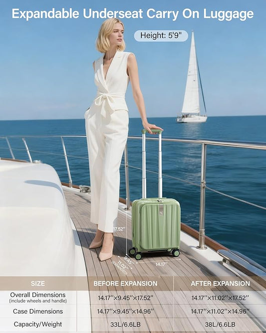 Hanke 16 Inch Expandable Under Seat Luggage with Wheels Top Opening Small Suitcase with Wheels Carry On Luggage Airline Approved Lightweight Hard Shell Suitcases for Weekender Overnight-Bamboo Green