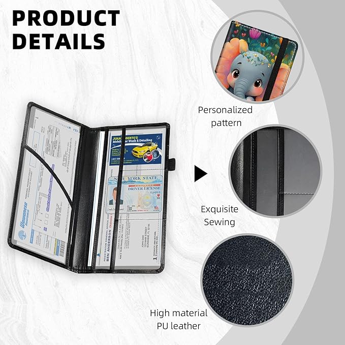 Car Registration and Insurance Holder PU Leather Vehicle Insurance and Registration Holders Wallet Case with Elastic Band Closure for ID Card, Driving Licence, Cute Cartoon Elephant Flower