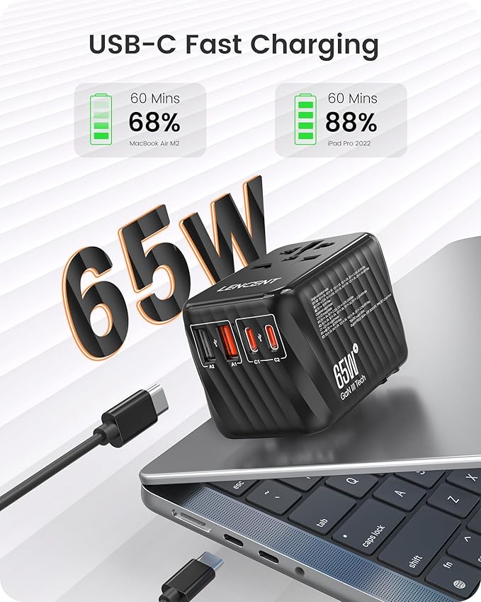LENCENT Universal Travel Adapter, 65W GaN International Fast Charger with 2 PD3.0 Type C+2 QC USB A, Worldwide Power Adaptor for Phones,Laptops, All in One Travel Essentials for EU/USA/UK/AU, Black