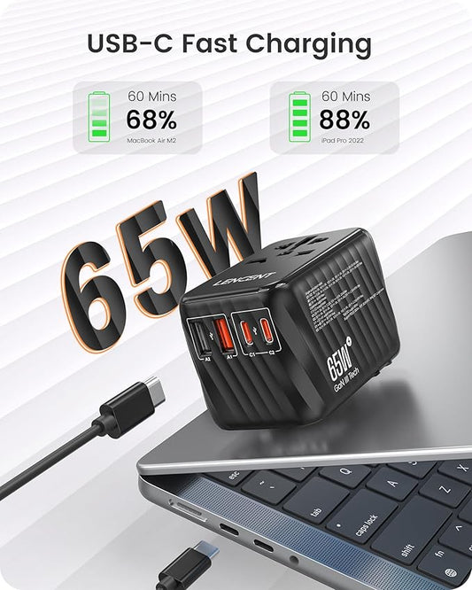 LENCENT Universal Travel Adapter, 65W GaN International Fast Charger with 2 PD3.0 Type C+2 QC USB A, Worldwide Power Adaptor for Phones,Laptops, All in One Travel Essentials for EU/USA/UK/AU, Black