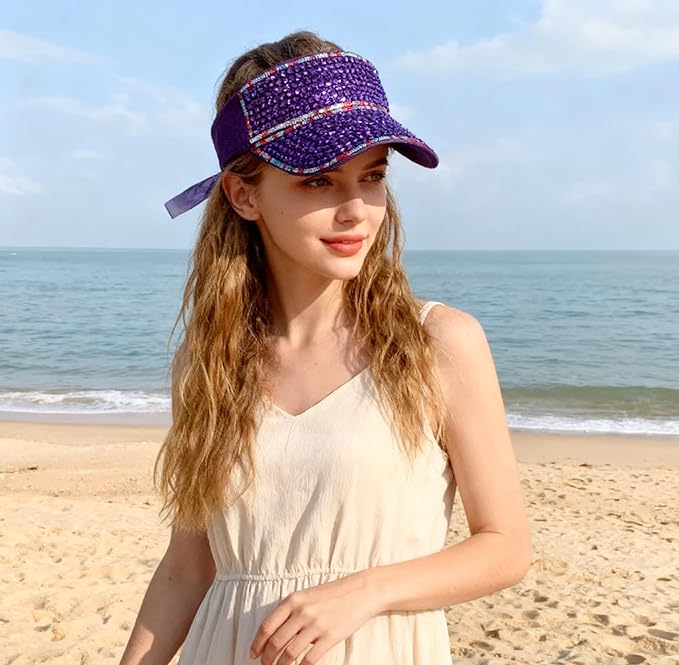 Bling Shiny Rhinestone Sports Sun Visor Hat for Women Summer Adjustable Breathable Beach Visor Caps Running Golf Sun Hat