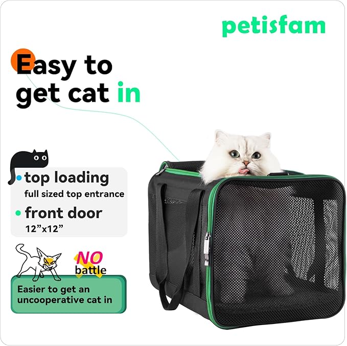 Quick-in Pet Carrier for Cats. 360° Airy Mesh Windows Let Fur-Kids See You & Breath Easy, Reduce Travel Anxiety. Rip-Stop Fabric & Lockable Zips Hug Securely. Washable Pad. Adjustable Shoulder Strap