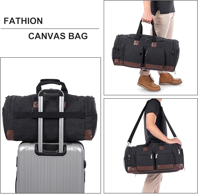 Leather Travel Bag with Shoe Pouch,Weekender Overnight Bag Waterproof Leather Large Carry On Bag Travel Tote Duffel Bag for Men or Women-Dark Grey