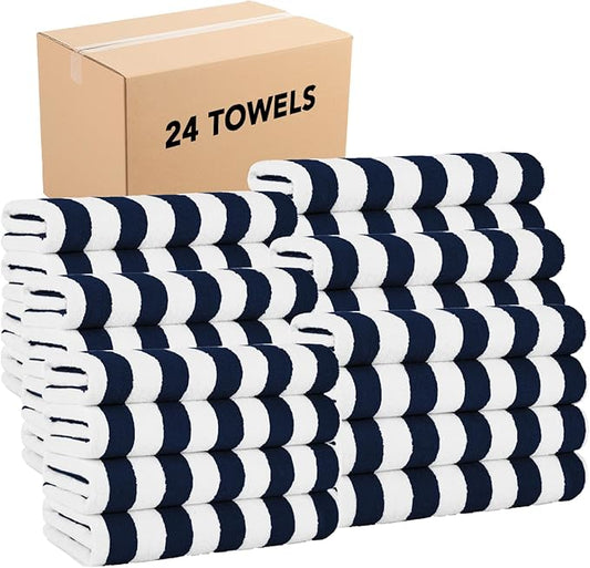 Arkwright California Cabana Stripe Beach Towel Bulk - Case of 24 - Large Soft Quick Dry Cotton Terry Towels Set for Pool, Swim, and Hot Tub, Oversized 30 x 70 in, Navy