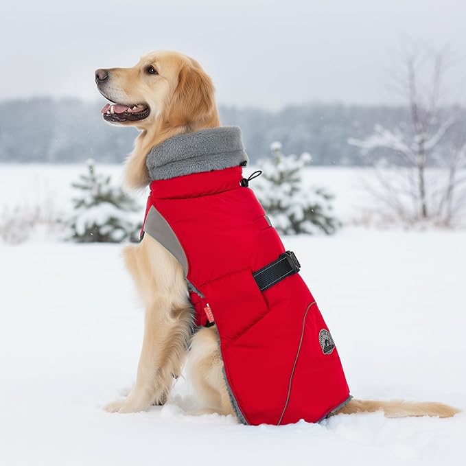 KYEESE Waterproof Dog Coat, Windproof Warm Winter Jacket with Thick Fleece Lined, Cozy Turtleneck Dog Coats for Large Dogs with Leash Hole, Reflective Outdoor Cold Weather Coat, Red, XXX-Large