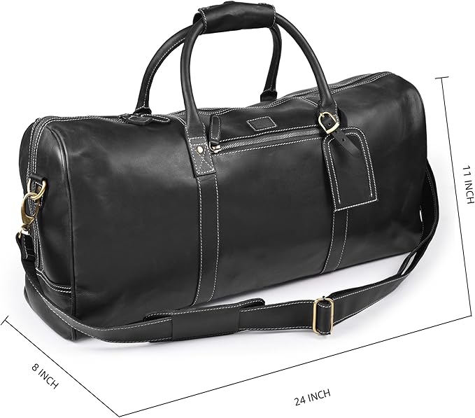 Leather Village Premium Leather Duffel Bags for Men & Women-Stylish Travel Weekender Carry-On Sports Gym Overnight Luggage Bag - 24 Inch - Black