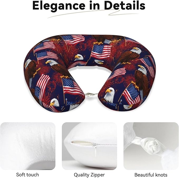 Neck Support Pillow, Comfortable Memory Foam Car/Flight/Airplane Chin Pillows U Shaped Cushion for Office Travel Sleeping Bald Eagle American Flag Fireworks Pattern