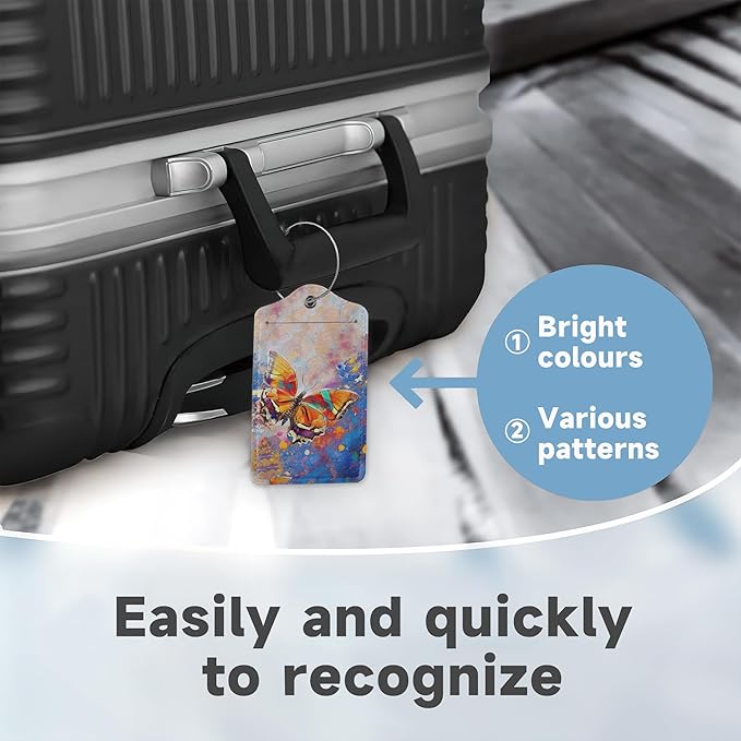 2 Pack Luggage Tag for Suitcase, Abstract Colorful Butterfly Leather Bag Tags Identifiers Privacy Cover ID Label with Durable Steel Loop for Women Men Kids Girls Travel