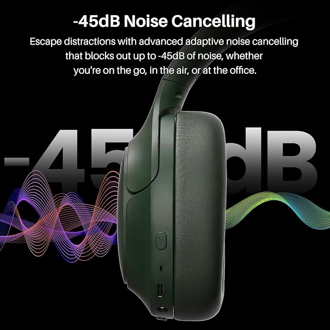 TOZO HT3 Hybrid Noise Cancelling Headphones, 90H Playtime Wireless Over Ear Bluetooth Headset, Spatial Audio AI Chat with 5 Mics, Supports Dual Connection and USB-C Input, with 32 EQ Music Modes