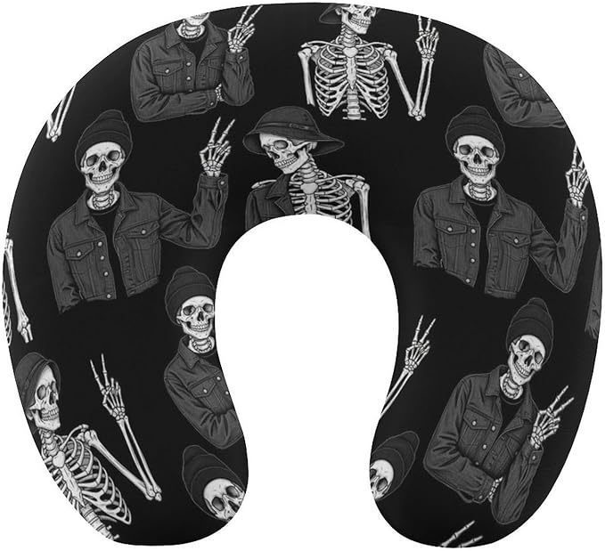 Soft Memory Foam Travel Pillow Chin Support Custom Human Skeleton Skull, Removable Washable Cover for Airplane Car Home Office Nap