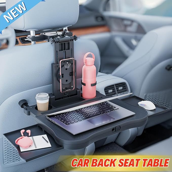 Large Car Desk for Laptop | Steering Wheel Tray Table | Foldable Back Headrest Seat Eating Food Trays with Drinks Cupholder Phone Tablet Holder for Kids | Car Travel Essentials for Long Trips