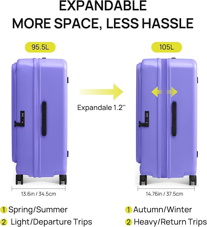 NINETYGO Large Checked Luggage 28 Inch, Top Opening Luggage Checking In Luggage, Expandable, PC Hard Shell, Larger Capacity Checked, TSA Lock, 360° Spinner Wheels (Purple, Hobo Pro)