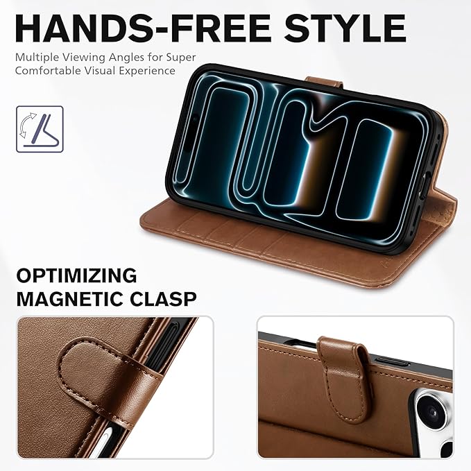 TUCCH Wallet Case for iPhone 17 Pro (6.3") 2025, 4 Card Slots | RFID Blocking | Stand | PU Leather | Magnetic Closure | Protective Flip Folio Cover | Shockproof TPU Shell | Brown
