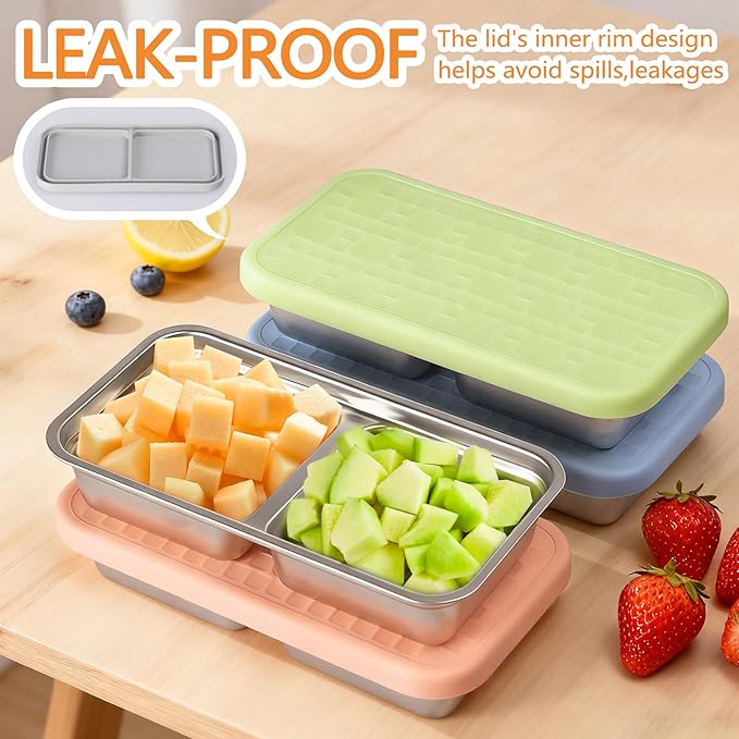 PTYTIFY 4 Pack Stainless Steel Snack Containers with Lids, 2 Compartment Snack Containers, Reusable Food Containers for Home, Travel, Outdoor
