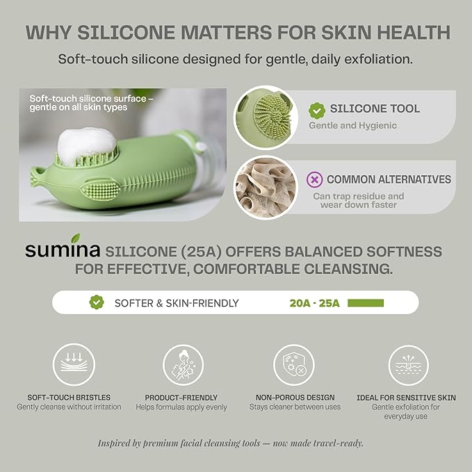 Sumina Premium Silicone Travel Bottles 3-Pack (3.4oz) | TSA Approved Leakproof Toiletry Containers | Refillable Shower Bottles & Gentle Exfoliating Scrubber for Sensitive Skin