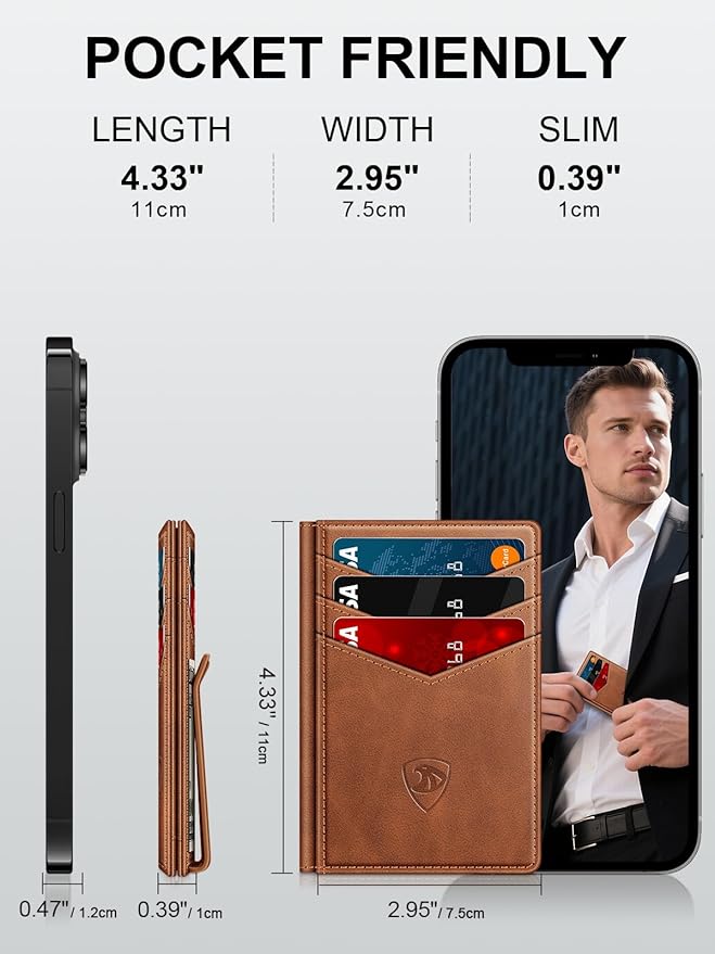 ZALVEX Wallet for Men Slim Leather Wallets for 12-15 Cards, Minimalist Thin RFID Blocking Card Holder with Money Clip & ID Window, Small Bifold Front Pocket Wallet, Gifts for Men