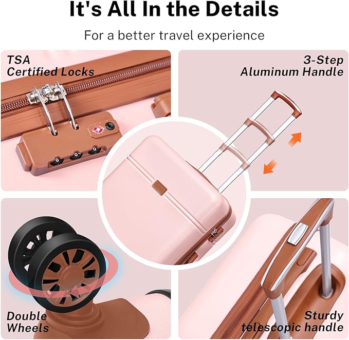 Krute Luggage Sets 5 Pieces Suitcase Set Hard Shell Carry On Luggage with Spinner Wheels TSA Approved Durable PC+ABS Hard Side Suit Case
