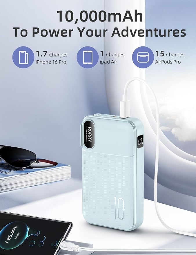 RORRY Portable Charger Built in Cables, AC Wall Plug in Portable Charger Power Bank 10000mAh Travel Battery Pack 22.5W Fast Charging for iPhone 17/16/15 Samsung Galaxy S24/S23/S22 Pixel LG iPad, Blue