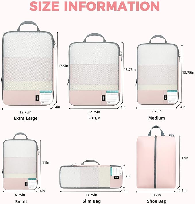 BAGAIL 6 Set/4 Set Lightweight Compression Packing Cubes with Packing List, Anti-Tearing Expandable Organizer Bags for Travel