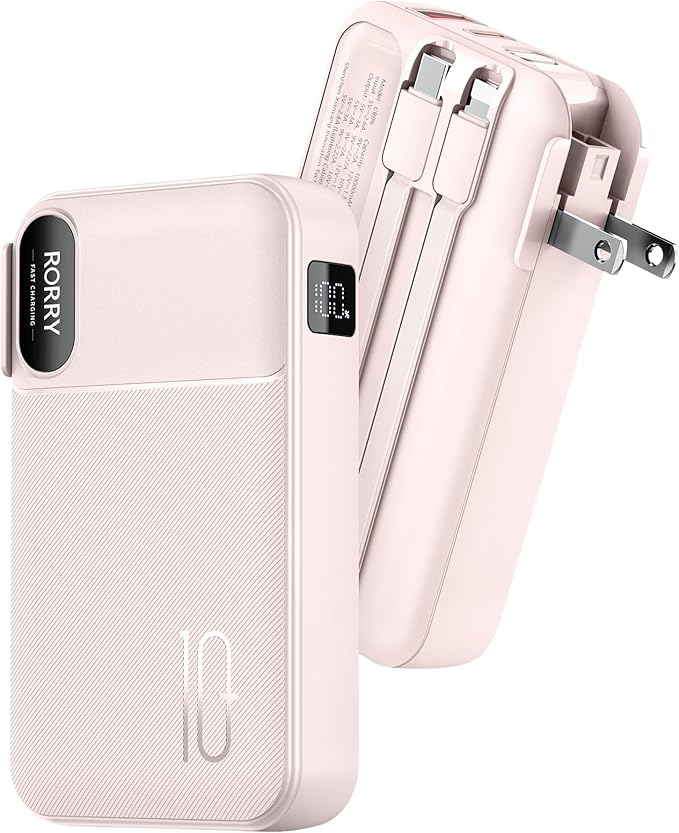RORRY Portable Charger Built in Cables, AC Wall Plug in Portable Charger Power Bank 10000mAh Travel Battery Pack 22.5W Fast Charging for iPhone 17/16/15 Samsung Galaxy S24/S23/S22 Pixel LG iPad, Pink