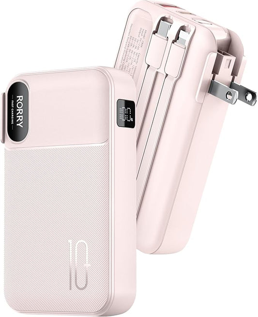 RORRY Portable Charger Built in Cables, AC Wall Plug in Portable Charger Power Bank 10000mAh Travel Battery Pack 22.5W Fast Charging for iPhone 17/16/15 Samsung Galaxy S24/S23/S22 Pixel LG iPad, Pink