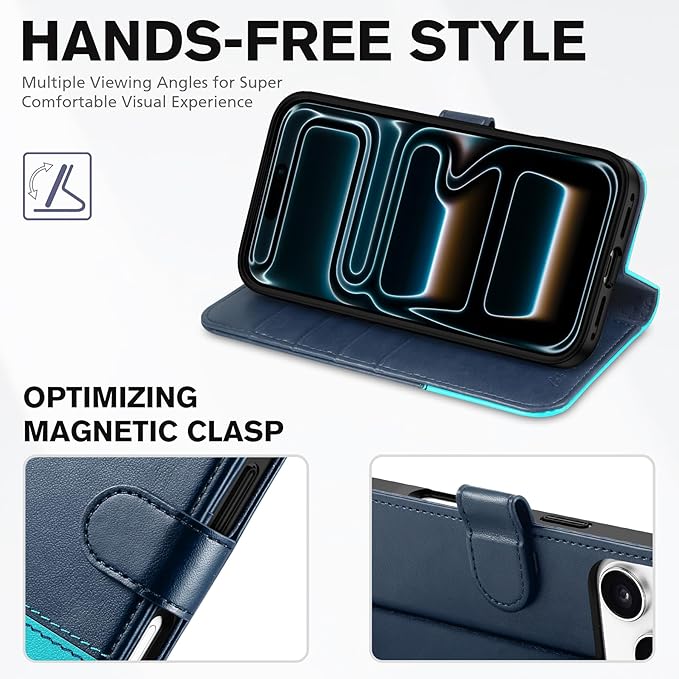 TUCCH Case Wallet for iPhone 17 Pro (6.3") 2025, Stand, RFID Blocking, 4 Card Holder, TPU Shockproof Inner Shell, PU Leather, Magnetic Closure Folio Protective Cover, Blue & Lake Blue