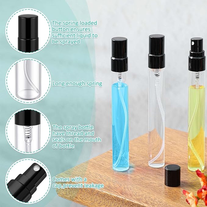 Zhehao 50 Pcs Mini Spray Bottles 10 ml Clear Glass Perfume Bottles Refillable Fine Mist Perfume Atomizer Portable Empty Sample Containers for Cleaning, Essential Oils, Travel (Black Cap)