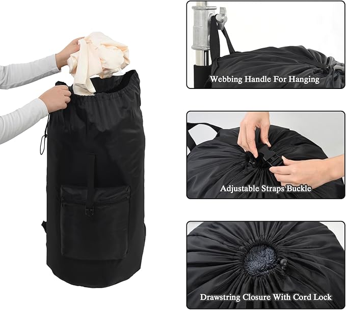 OTraki Backpack Laundry Bag, Large Travel Laundry Bag with Adjustable Shoulder Straps, Portable Heavy Duty Dirty Clothes Laundry Backpack Bag for College Dorm/Laundromat/Apartment, Black