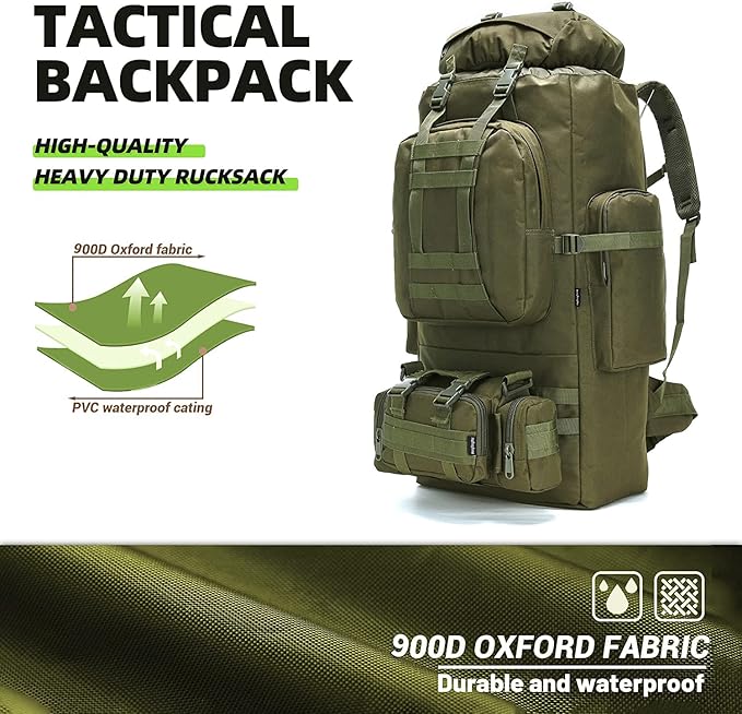 HongXingHai 100L Camping Hiking Backpack,Molle military Tactical rucksack backpack,Waterproof Lightweight Hiking Backpack (Army Green)