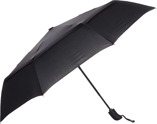 Amazon Basics Round Travel Umbrella for Rain, Wind-proof Compact Umbrella with Wind Vent, Auto Open/Close, Strong Alloy Steel Frame, Compact Size for Backpacks/Handbags (11" Long When Closed), One Size, Black